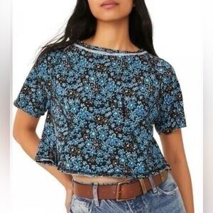 Free People Sammie Floral Crop Top Black Blue Womens Medium Boho Tee